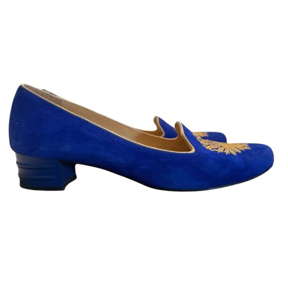 Vesba Velvet Cobalt Blue Gold Embroidered Loafers | Size EU 41 / US 9.5 - Picture 3 of 16